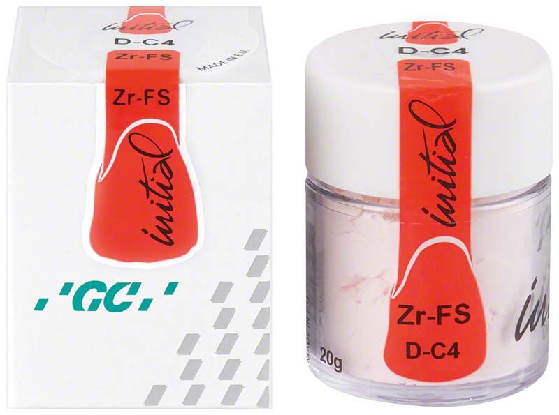 GC Initial Zr-FS Dentin 20g DC4 im Glasbehälter mit rotem Etikett.