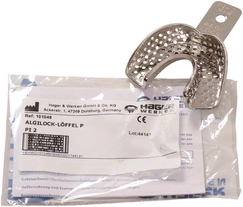 Perforierter ALGILOCK-Löffel für Kinderunterkiefer, Verpackung mit Produktinformationen.