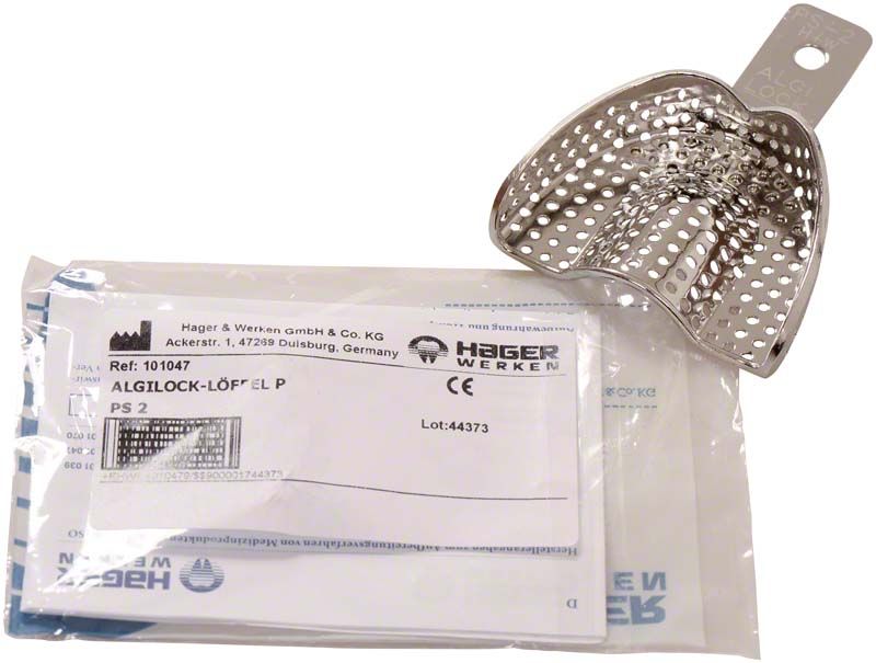 Perforierter ALGILOCK®-LÖFFEL Pedo OK PS 2 mit Verpackung.