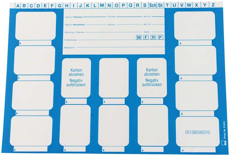 Selbstklebende blaue Dentalfilmkarten mit Beschriftungsfeldern und Zahnarztpraxis-Layout.