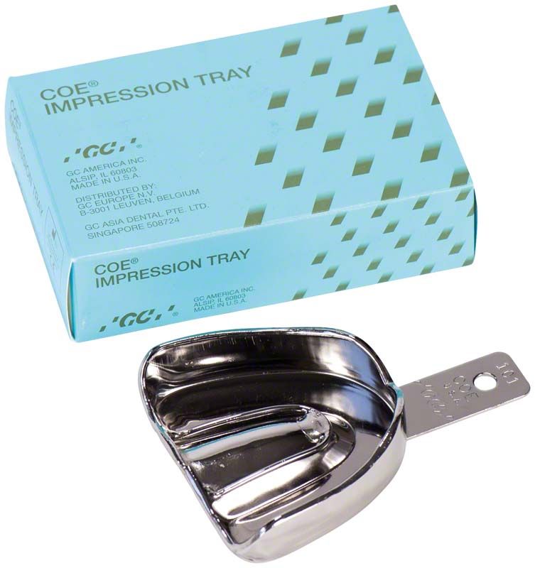 Metall-Löffel unperforiert für zahnmedizinische Abdrücke, mit Verpackung.