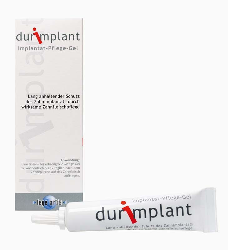 durimplant Implantat-Pflege-Gel vor Produktverpackung mit Lege Artis Logo