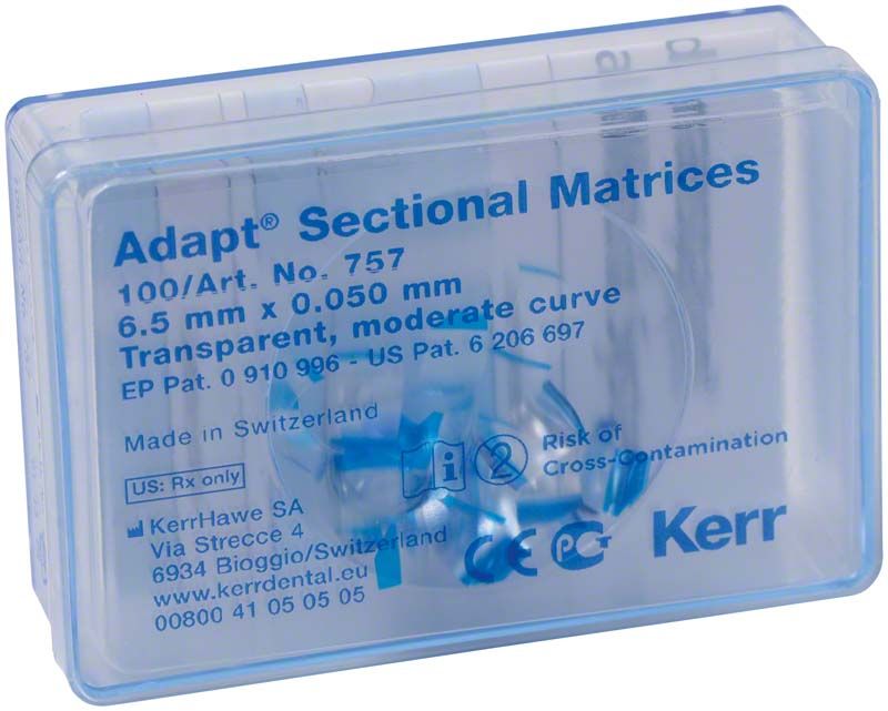 Hawe Adapt Sectional Matrizen in transparenter Verpackung mit Produktinformationen.