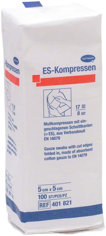 ES-Kompressen unsteril 5 x 5 cm, Verpackung mit Produktinformationen.