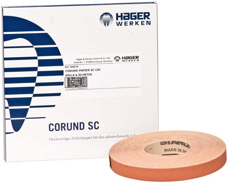Corund Papier SC Körnung 150 in Rolle mit Verpackung von Hager & Werken.