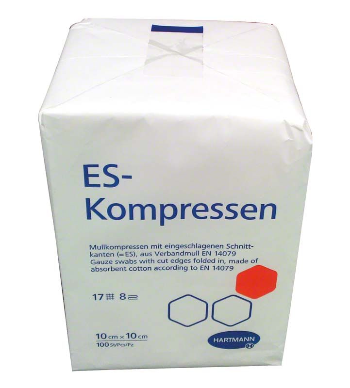 ES-Kompressen unsteril 10x10cm, 8-fach, Verpackung mit Produktinformationen.