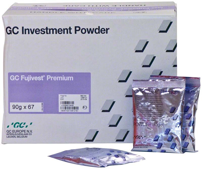 GC Fujivest® Premium Pulver 67 x 90g Verpackung mit zwei Beuteln.