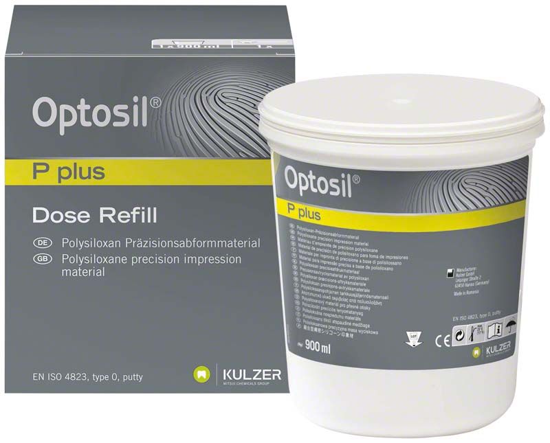 Optosil P Plus Dose 900ml neben Originalverpackung von Kulzer.