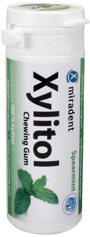 Dose mit Xylitol-Kaugummi Spearmint für Zahnpflege, miradent-Logo.