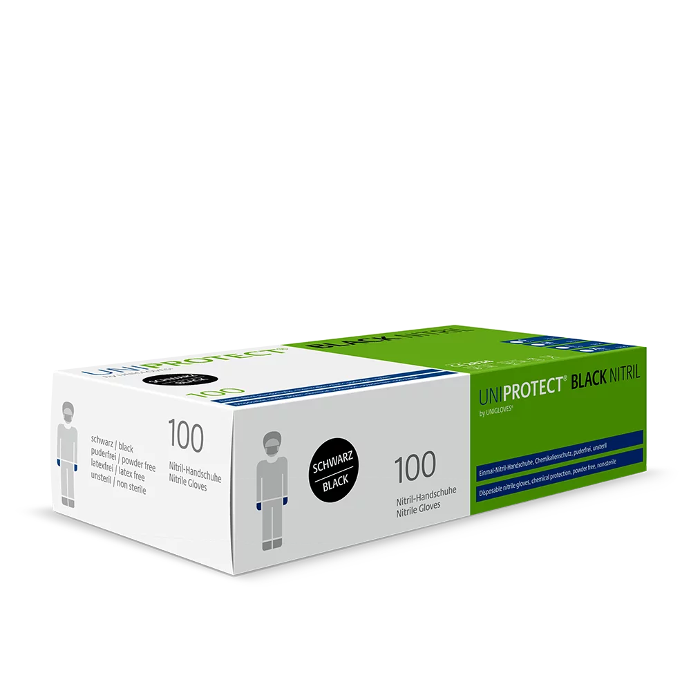 Unigloves UNIPROTECT BLACK Nitrilhandschuhe Verpackung in Schwarz und Grün.