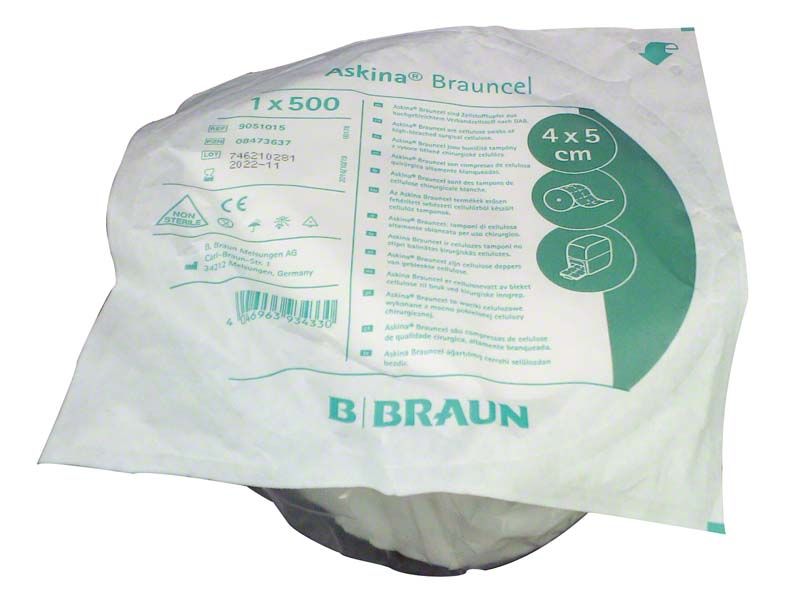 Verpackung der Askina® Brauncel Zellstofftupfer mit 500 Stück, 4x5 cm.