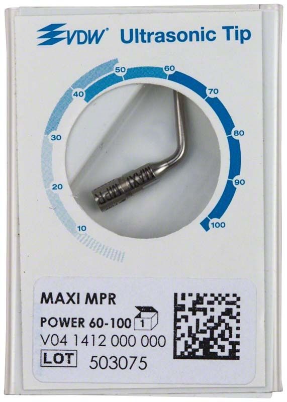 Endo Ultraschallansatz MAXI-MPR in Verpackung mit Leistungsbereichsanzeige.