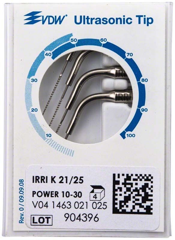 Endo Ultraschallansätze IRRI K 21/25 in Verpackung mit QR-Code und Skala.
