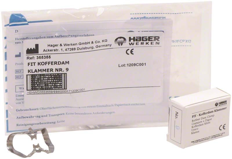 Fit-Kofferdam® Klammer IVORY-Stil Nr. 9 mit Verpackung und Etikett.