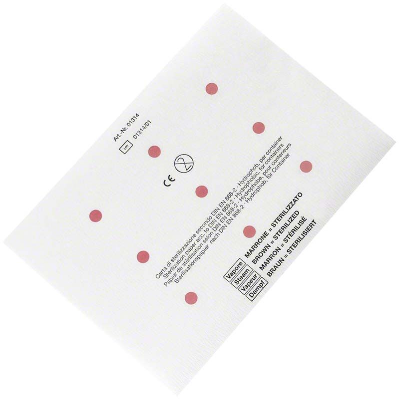 Einmalsterilisationsfilter 205 x 145mm mit roten Markierungen und Produktinformationen.