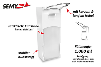 Armhebel-Dosierspender aus stabilem Kunststoff mit kurzem und langem Hebel.