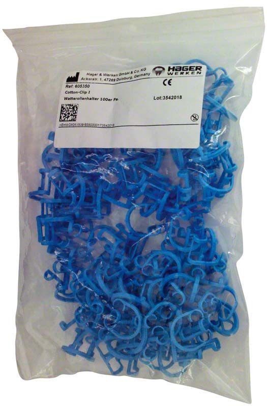 Blauer Cotton-Clip in einer transparenten Verpackung mit Etikett.