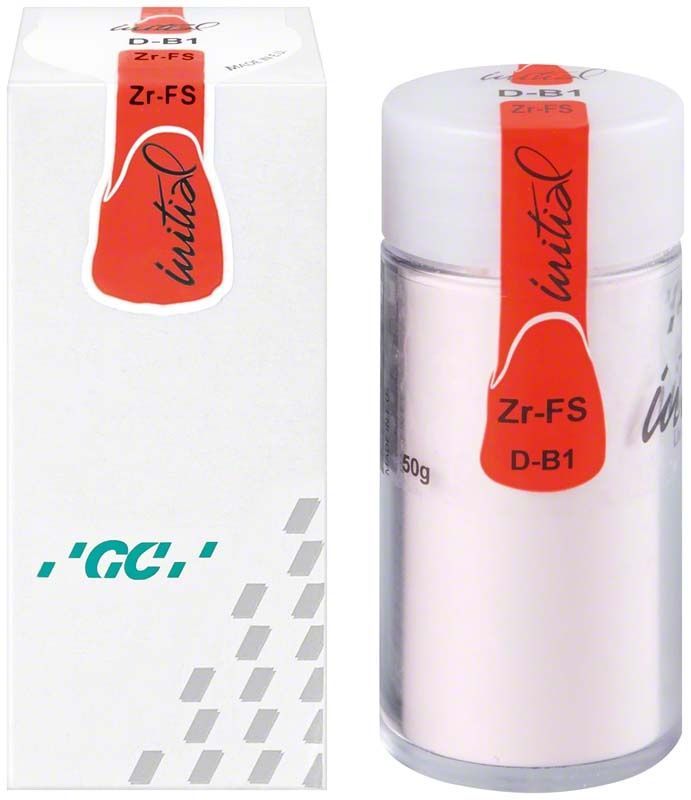 GC Initial Zr-FS Dentin 50g DB1 in weißer Verpackung mit rotem Etikett.