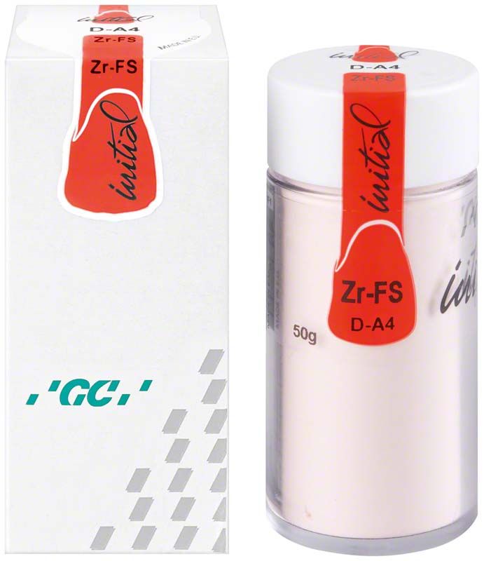 GC Initial Zr-FS Dentin 50g DA4 in Verpackung neben Fläschchen.