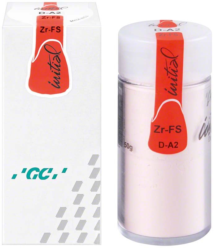 GC Initial Zr-FS Dentin 50g DA2 Verpackung und Behälteransicht.