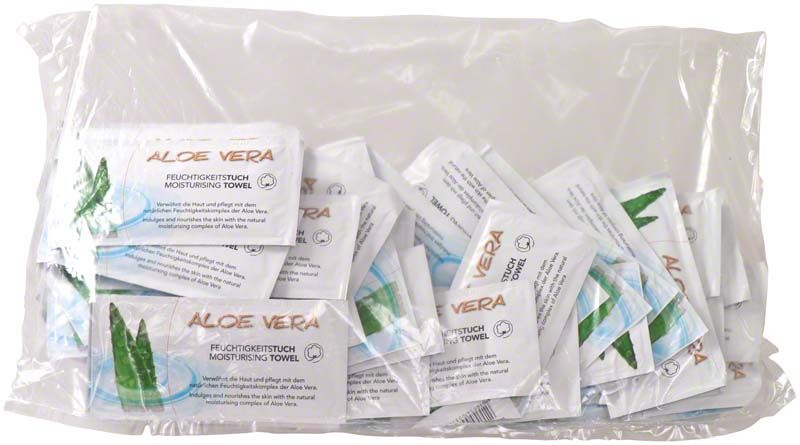 Erfrischungstücher Aloe Vera in transparenter Verpackung mit Aloe-Motiv.