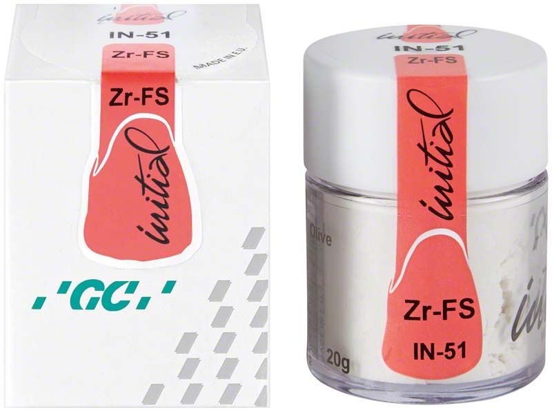 Glasflasche mit GC Initial Zr-FS IN-51 Olive Zahndentinpulver, 20g.