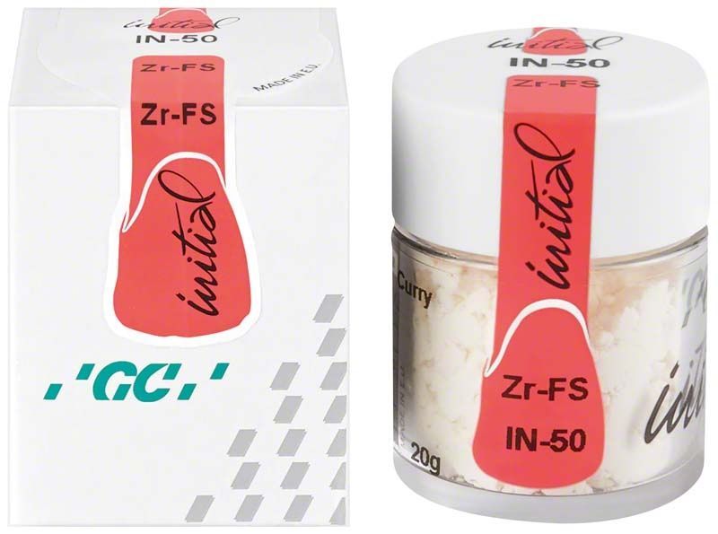 Glas mit GC Initial Zr-FS IN-50 Curry Zahnkeramikpulver, 20g.