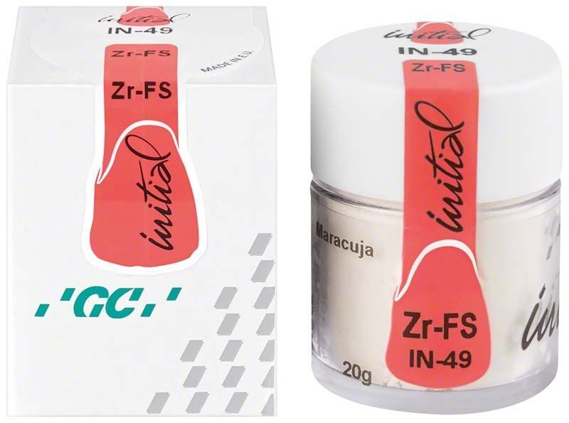 Glasbehälter mit GC Initial Zr-FS IN-49 Maracuja, 20g, neben Verpackung.