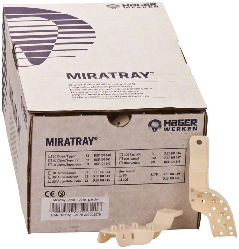 Miratray® Partiell Sortiment II Abformlöffel aus weißem Kunststoff mit Verpackung.
