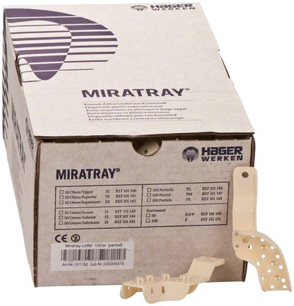 Miratray® Partiell Sortiment II Abformlöffel aus weißem Kunststoff mit Verpackung.