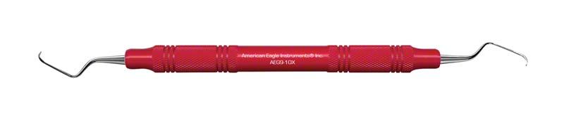 Rote Gracey Kürette für Anterior-Premolaren, doppelseitig mit gebogenen Spitzen.