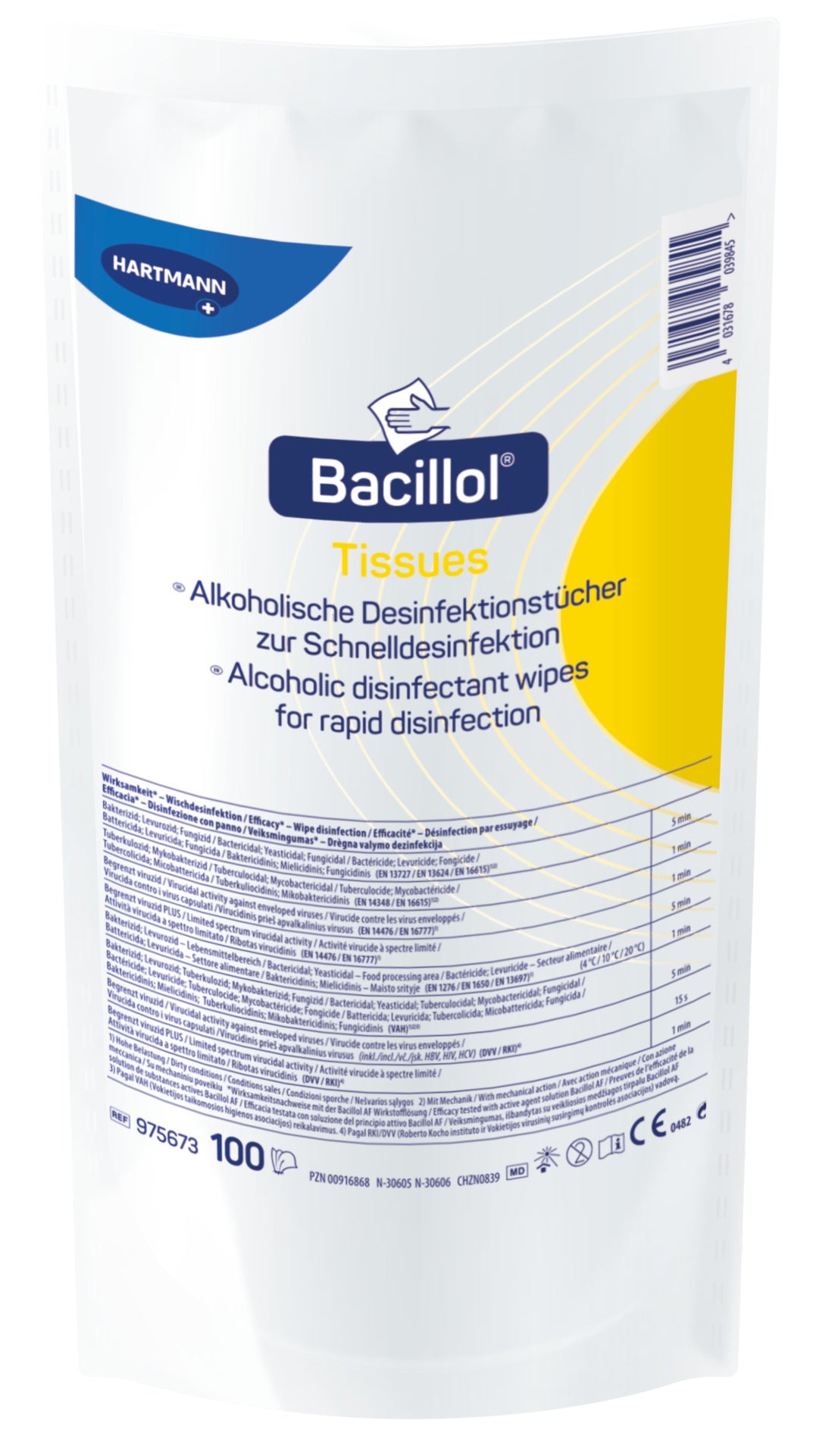 Bacillol Tissues Nachfüllpack mit Produktinformationen und Hartmann-Logo.