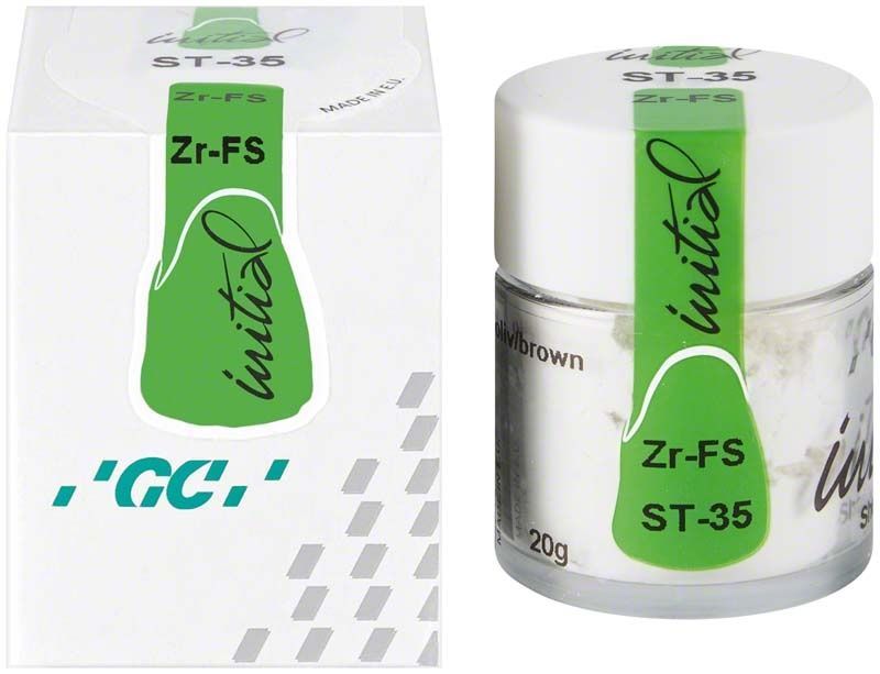 GC Initial Zr-FS Schultertransparent 20g ST-35 in Glasbehälter und Verpackung.