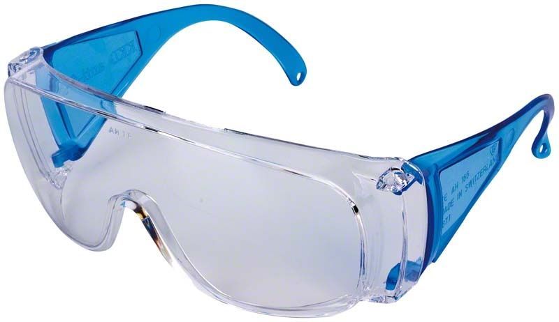 Anti-Fog Schutzbrille mit blauen Bügeln aus klarem Polycarbonat.