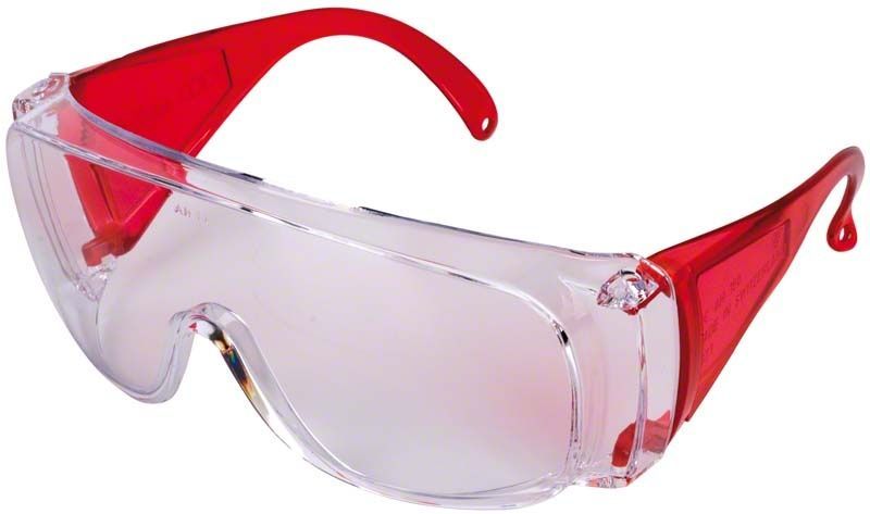 Anti-Fog Schutzbrille mit rotem Rahmen und klarem Polycarbonat.