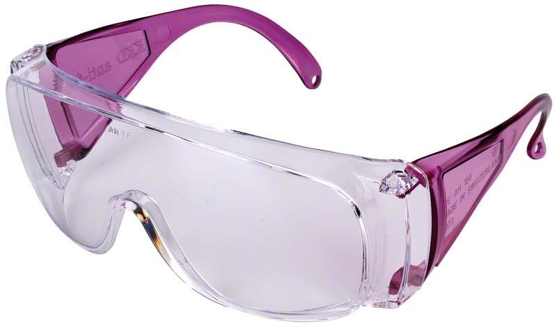 Anti-Fog Schutzbrille mit purpurnen Bügeln aus klarem Polycarbonat.
