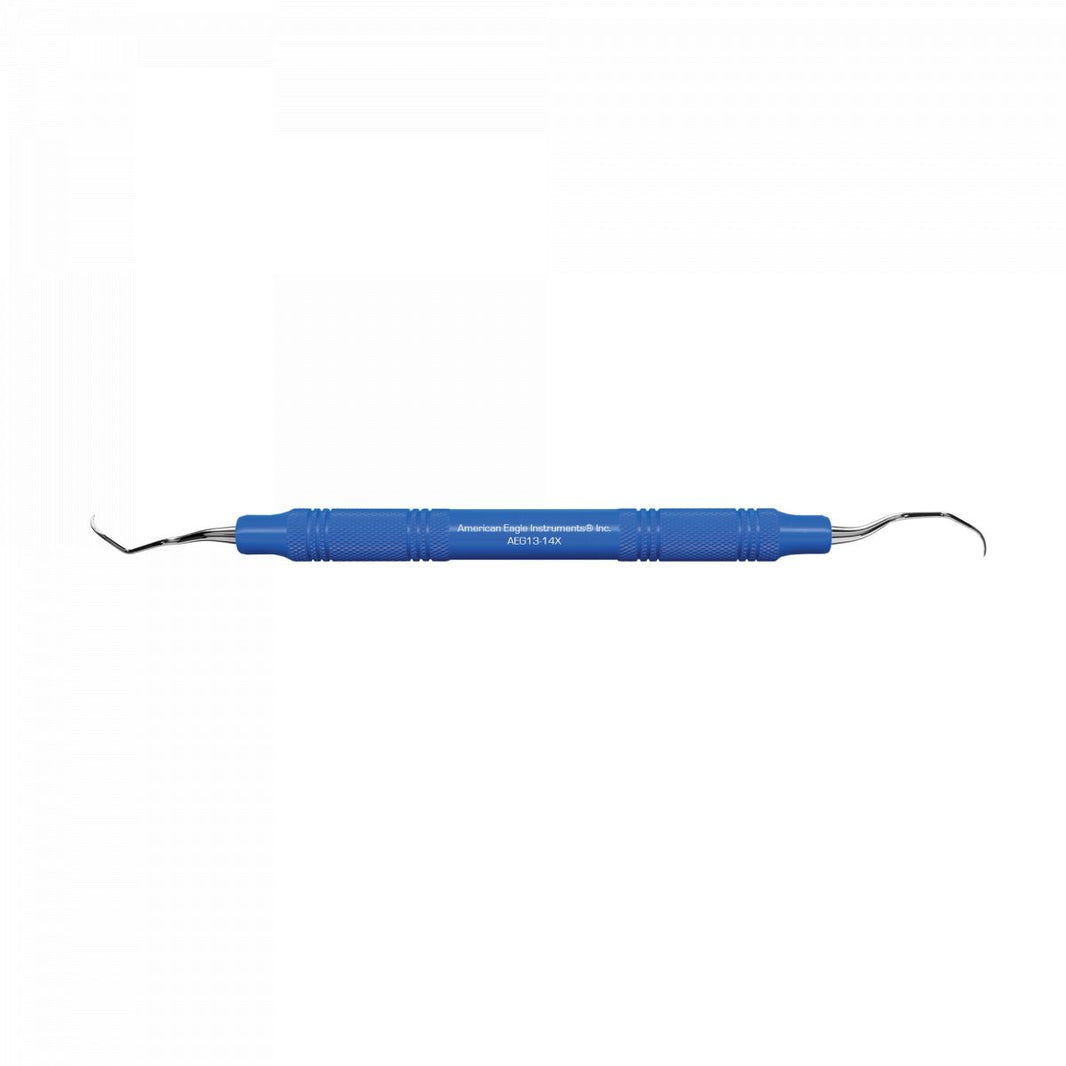 Zahnmedizinisches Kürette-Werkzeug mit blauem Griff für posterior distale Anwendung.