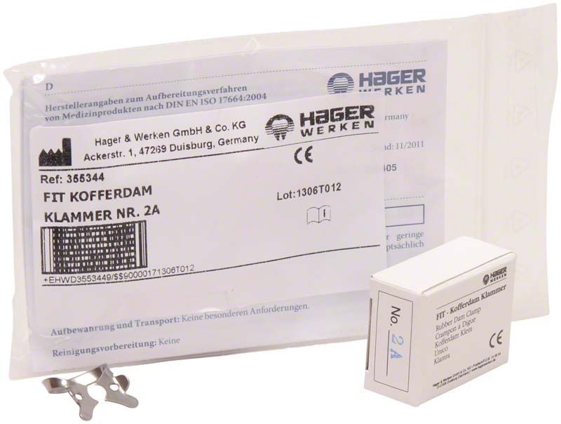 Fit-Kofferdam® Prämolarenklammer Nr. 2A mit Verpackung und Etikett.