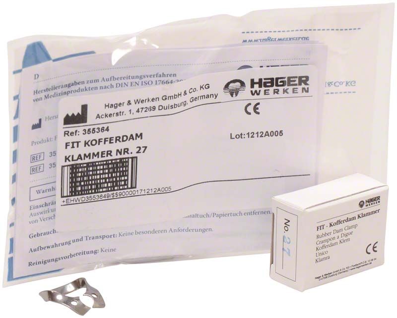 Fit-Kofferdam® Prämolarenklammer Nr. 27 neben Verpackung und Gebrauchsanweisung.