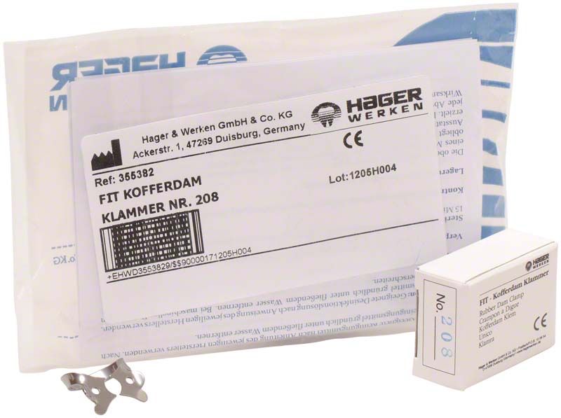 Fit-Kofferdam® Prämolarenklammer Nr. 208 mit Verpackung und Etikett.