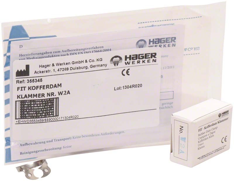 Fit-Kofferdam® Prämolarenklammer Nr. W2A in Verpackung mit Etikett.