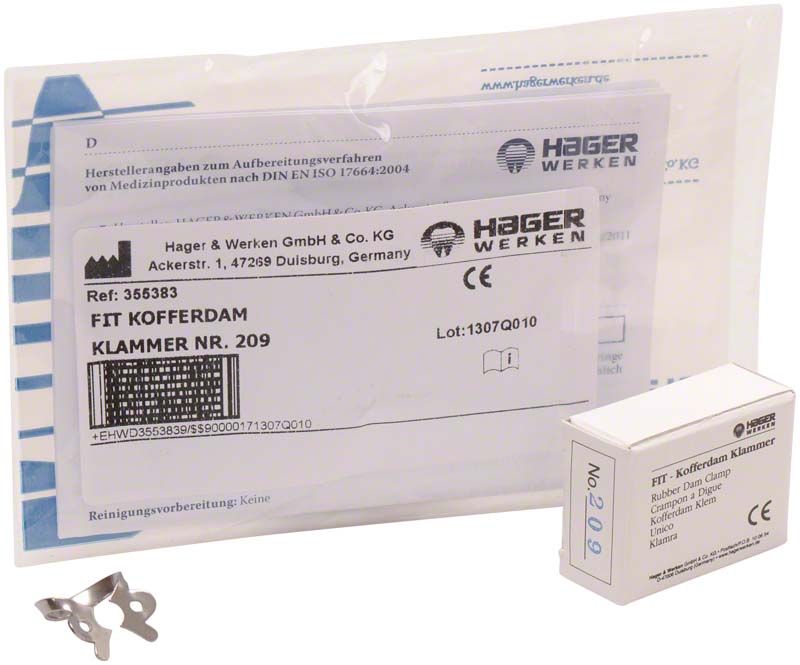 Fit-Kofferdam® Prämolarenklammer Nr. 209 mit Verpackung und Produktdetails.