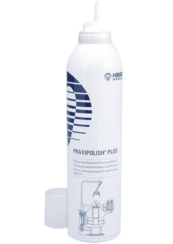 Reinigungsschaumflasche Praxipolish Plus mit medizinischem Design und Schraubverschluss.