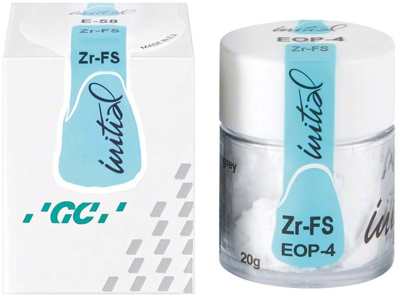 GC Initial Zr-FS Enamel Opal EOP4, 20g Glasbehälter und Verpackung.