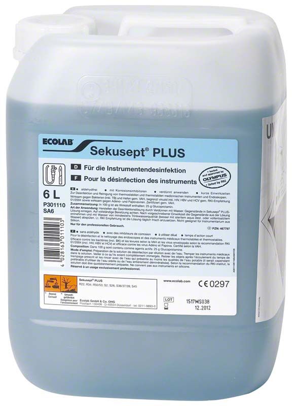 Sekusept™ PLUS 6l Kanister für Instrumentendesinfektion mit Etikettendetails.