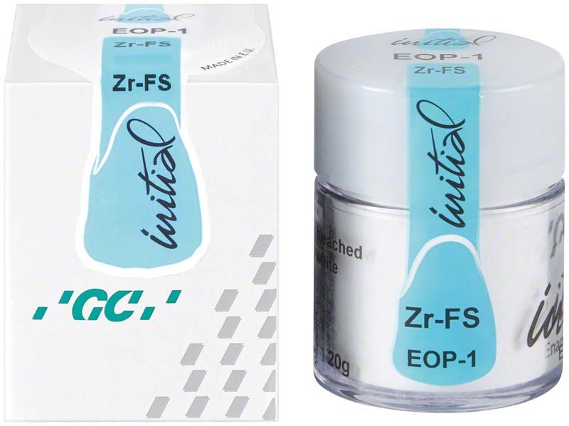 Glasbehälter mit GC Initial Zr-FS Enamel Opal EOP1, 20g, neben Verpackung.