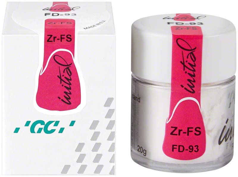 Glasbehälter mit GC Initial Zr-FS Fluo-Dentin FD-93, 20g, auf weißem Hintergrund.