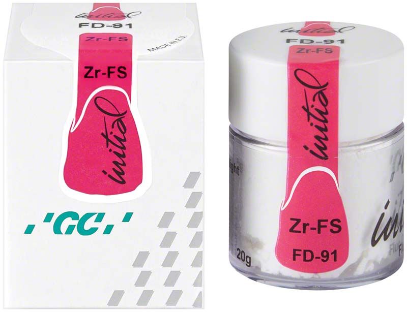 GC Initial Zr-FS Fluo-Dentin 20g FD-91 in weißer Verpackung mit rotem Etikett.