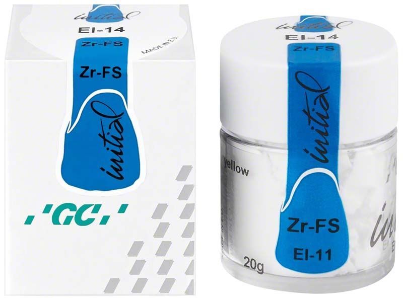 GC Initial Zr-FS Enamel Intensive 20g, Verpackung und Glasbehälter mit blauer Etikettierung.