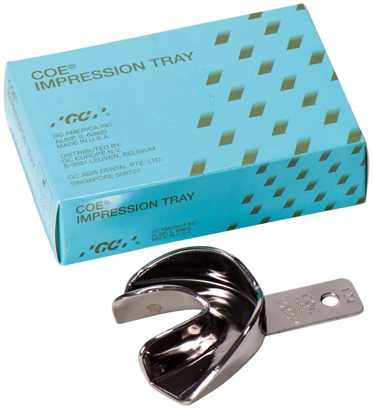 Unperforierter Metall-Löffel COE® mit Verpackung für Zahnabdrücke, Größe extra klein.